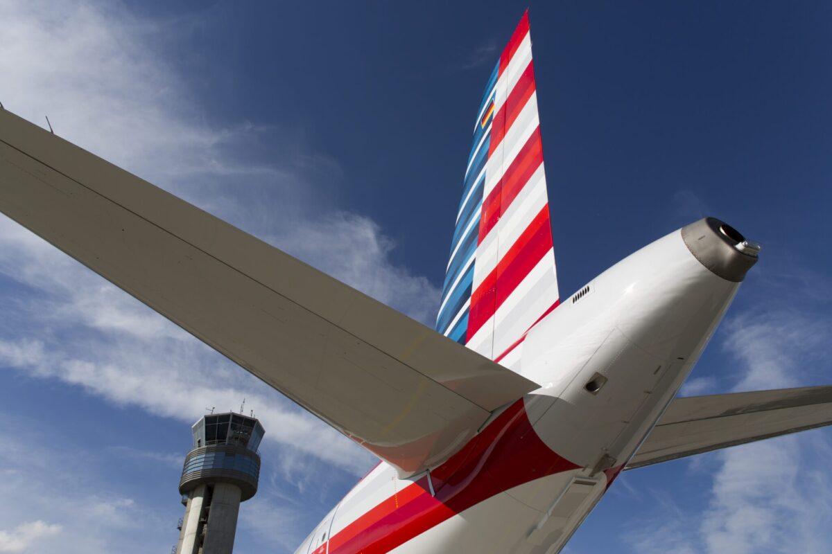 The tail of an American Airlines aircraft.