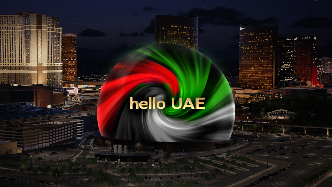 The Las Vegas Sphere with an image of the UAE flag over it.