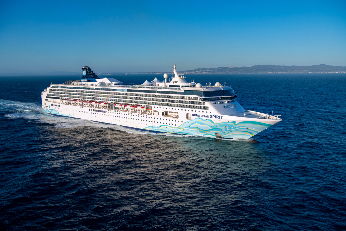 Aerial view of Norwegian Cuise Lines' ship, Norwegian Spirit. 