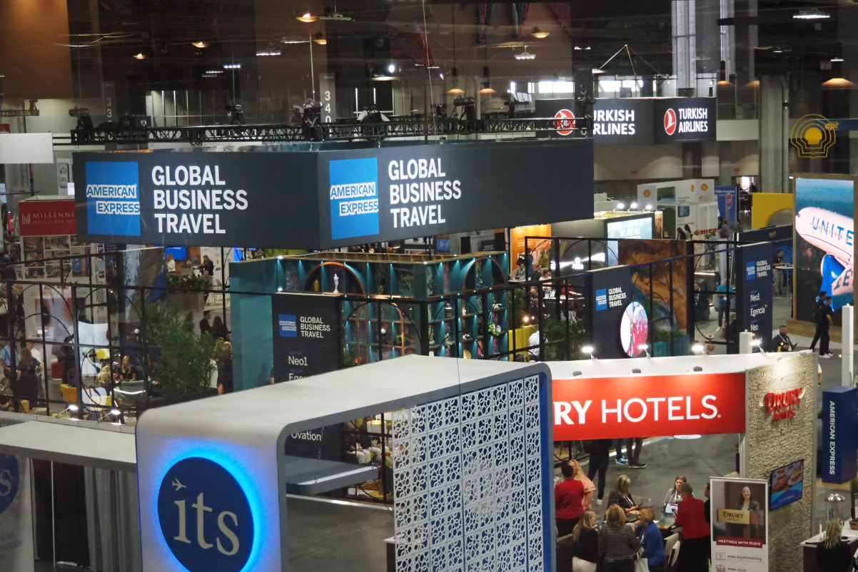 The booth for the American Express Global Business Travel station on the exhibition floor of the Global Business Travel Association conference in Atlanta in July 2024.