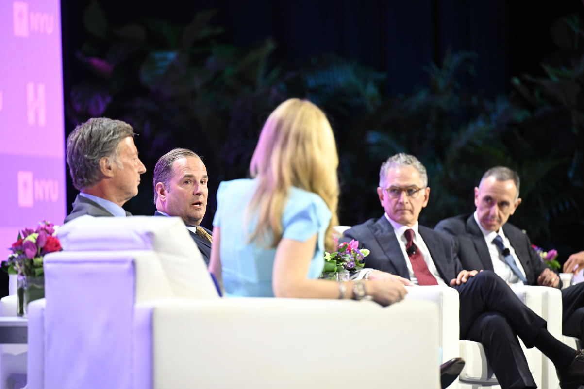 Marriott CEO and president Anthony Capuano speaking on-stage among a set of hotel group CEOs at the New York University International Hospitality Industry Investment Conference. on June 3, 2024.