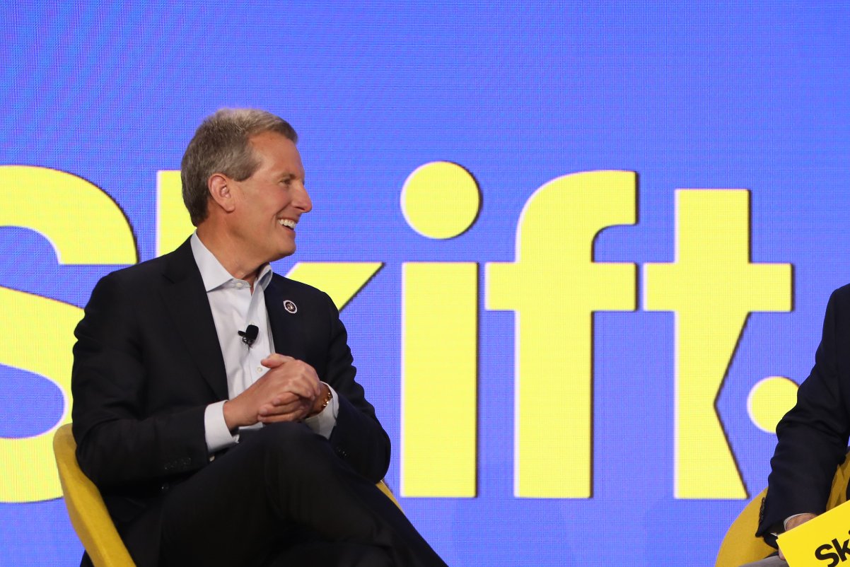 Geoff Ballotti, president and CEO of Wyndham Hotels & Resorts, talks on-stage at Skift Global Forum 2024.