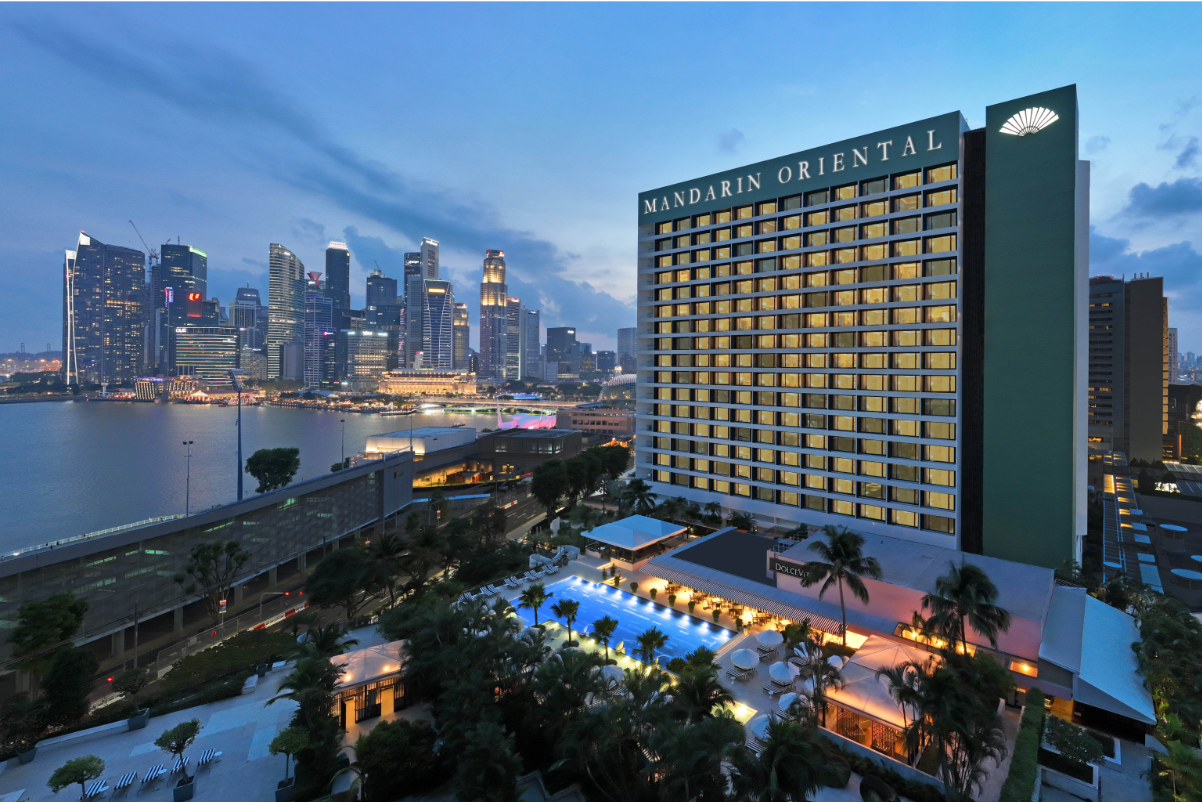 Exterior of the Mandarin Oriental, Singapore, a luxury hotel.