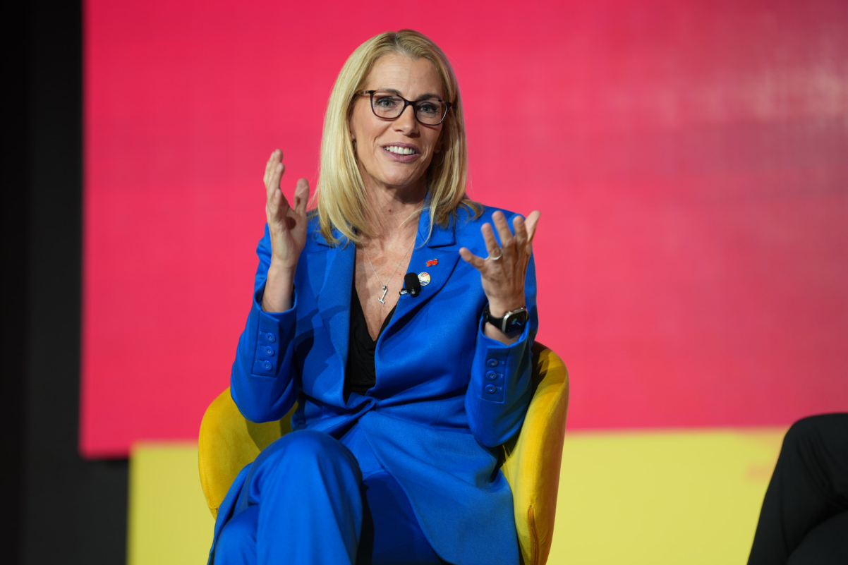 Sara Nelson, international president of the Association of Flight Attendants-CWA, AFL-CIO, speaking on November 12, 2024, at the Skift Aviation Forum in Dallas-Fort Worth. 