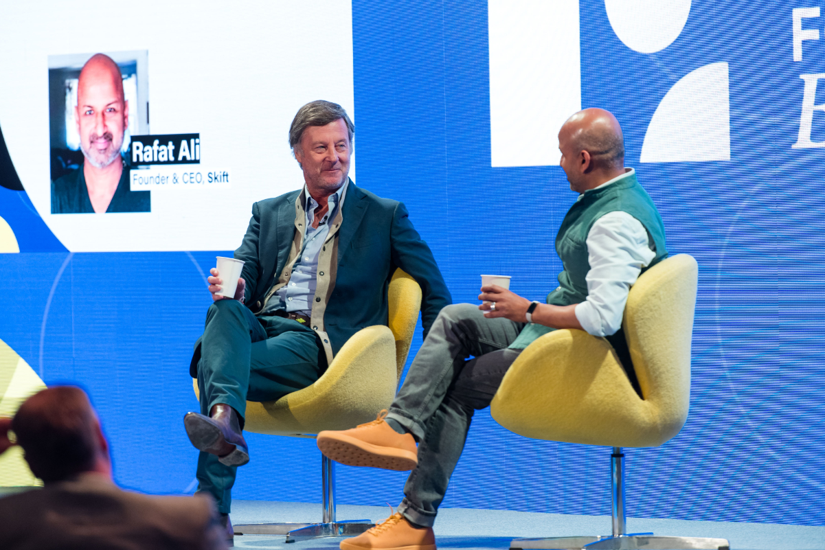 Accor Chairman and CEO Sébastien Bazin spoke with Skift Founder and CEO Rafat Ali at Skift Forum Europe 2022 on March 24, 2022, in London. Source: Skift.