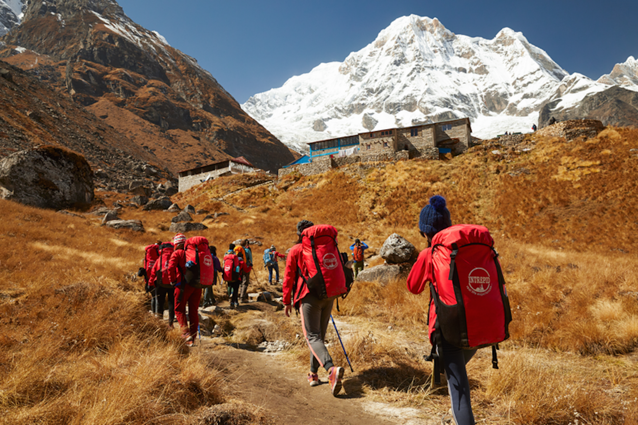 Intrepid travelers hiking near Annapurna base camp in October, 2019.